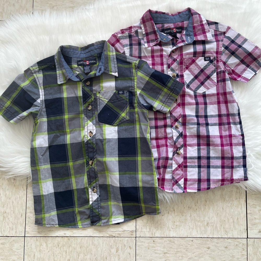 Phat Farm Shirts Boys Size 5  Plaid Logo Button Up Short Sleeve Casual Bundle